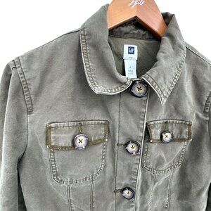 Gap Green Military Utility Jacket Flap‎ Pockets M Y2K Canvas Button Womens Vtg